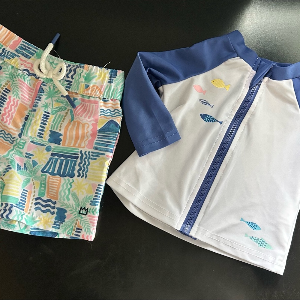 crown & ivy Kids Fish Print Rashguard Set - Blue and White